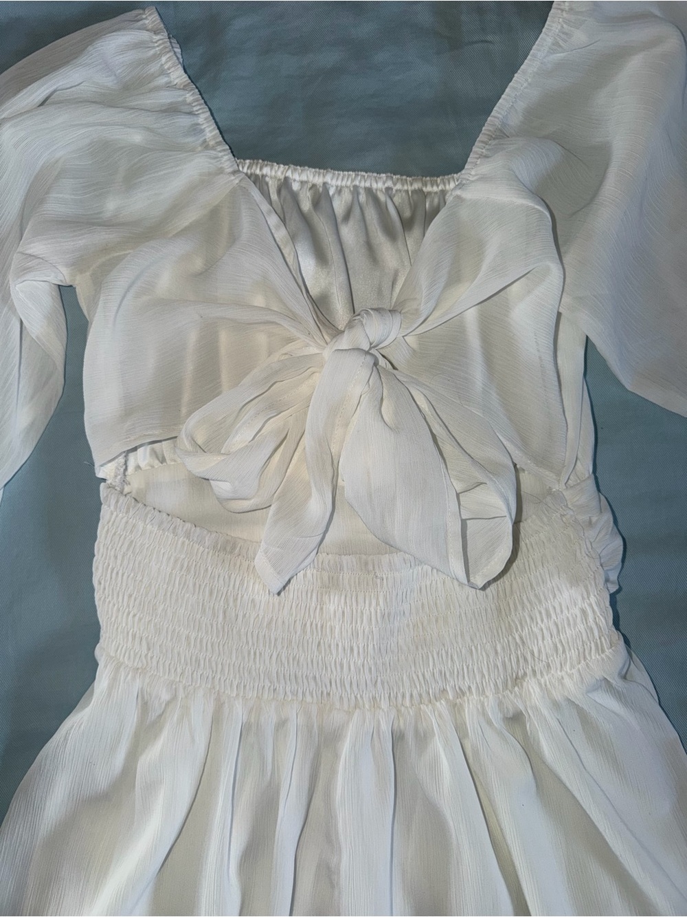 White Sheer Long-Sleeve Ruffled Mini Dress - Picture 5 of 6